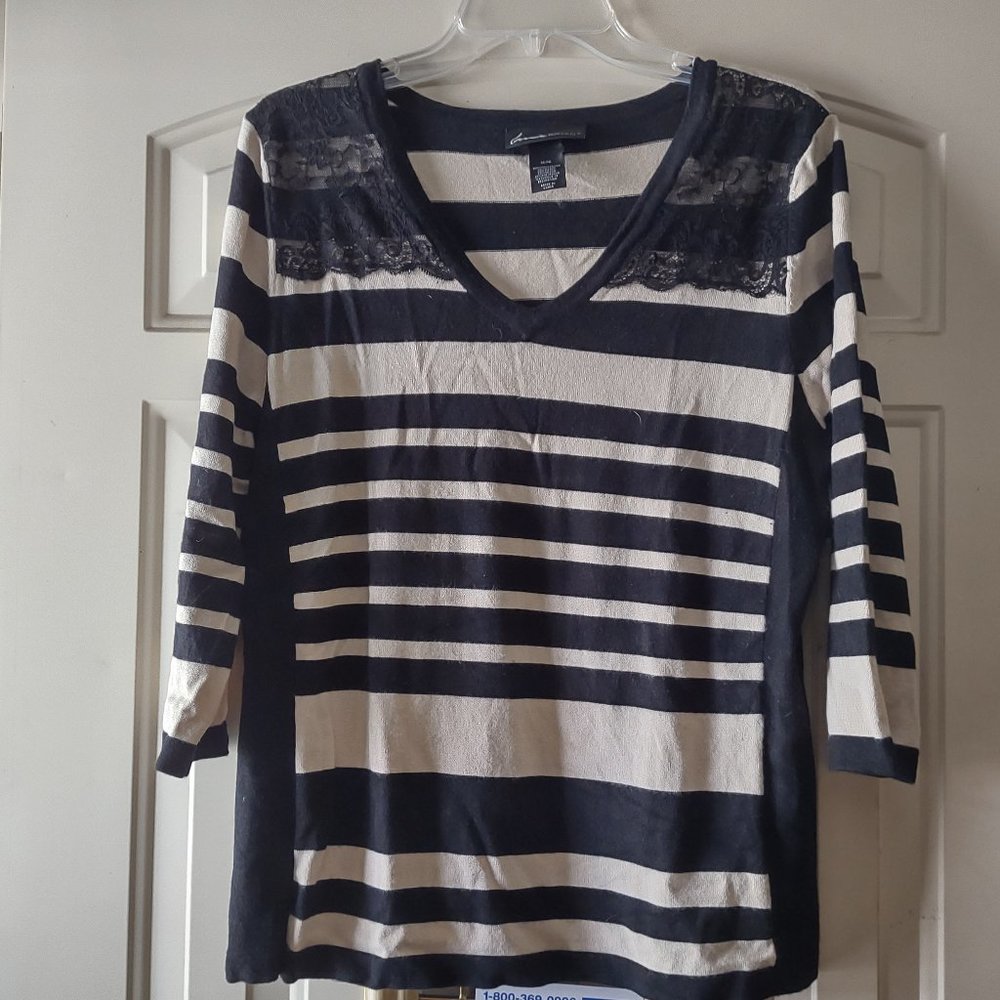 Lane Bryant Sweater, Black & Cream Stripes w/ Lace Detail, Size 14/16